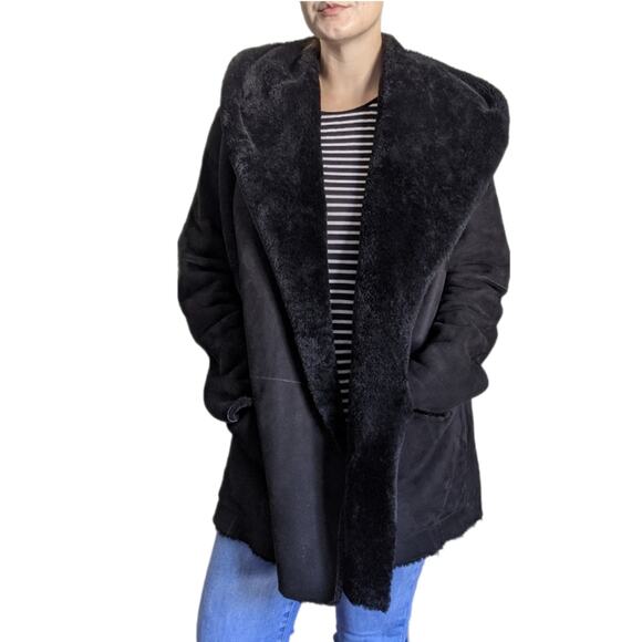 Vince Black Merino Lamb Shearling Hooded Coat, Size Large - Picture 1 of 14